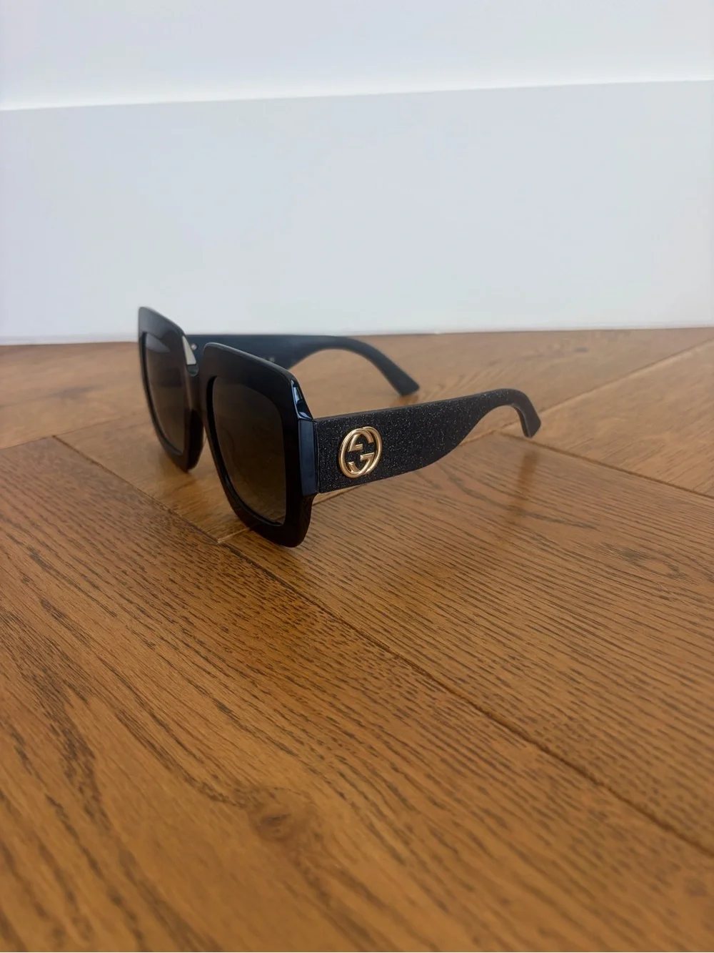Gucci Black Glitter Oversized Square Sunglasses with Gold GG Temples